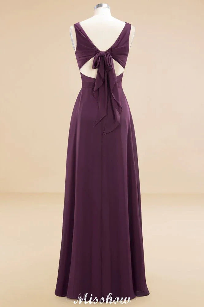 Vestido de Dama de Honra em Chiffon sem Mangas, Corte em A, Comprimento até ao Chão, Decote em V, Vestido de Festa