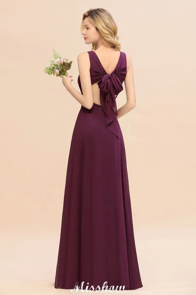 Vestido de Dama de Honra em Chiffon sem Mangas, Corte em A, Comprimento até ao Chão, Decote em V, Vestido de Festa