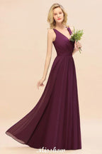 Vestido de Dama de Honra em Chiffon sem Mangas, Corte em A, Comprimento até ao Chão, Decote em V, Vestido de Festa
