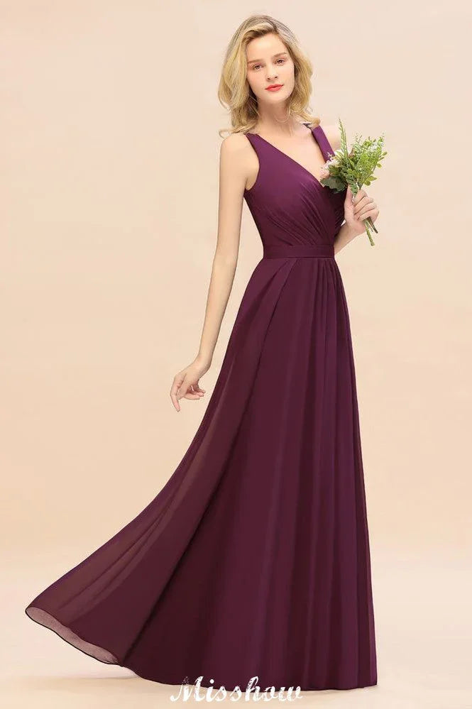 Vestido de Dama de Honra em Chiffon sem Mangas, Corte em A, Comprimento até ao Chão, Decote em V, Vestido de Festa