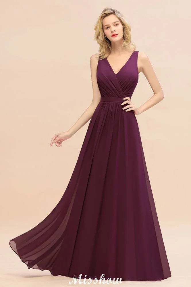 Vestido de Dama de Honra em Chiffon sem Mangas, Corte em A, Comprimento até ao Chão, Decote em V, Vestido de Festa
