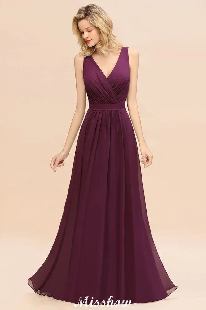 Vestido de Dama de Honra em Chiffon sem Mangas, Corte em A, Comprimento até ao Chão, Decote em V, Vestido de Festa