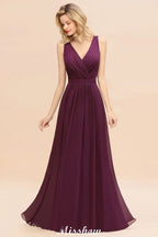 Vestido de Dama de Honra em Chiffon sem Mangas, Corte em A, Comprimento até ao Chão, Decote em V, Vestido de Festa