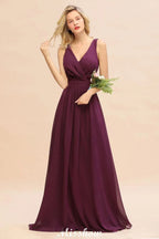 Vestido de Dama de Honra em Chiffon sem Mangas, Corte em A, Comprimento até ao Chão, Decote em V, Vestido de Festa
