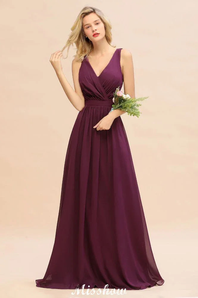 Vestido de Dama de Honra em Chiffon sem Mangas, Corte em A, Comprimento até ao Chão, Decote em V, Vestido de Festa