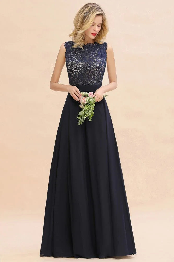 Sleeveless A-line Evening Maxi Gown Lace Appliques Floor Length Bridesmaid Dress Formal Party Gown