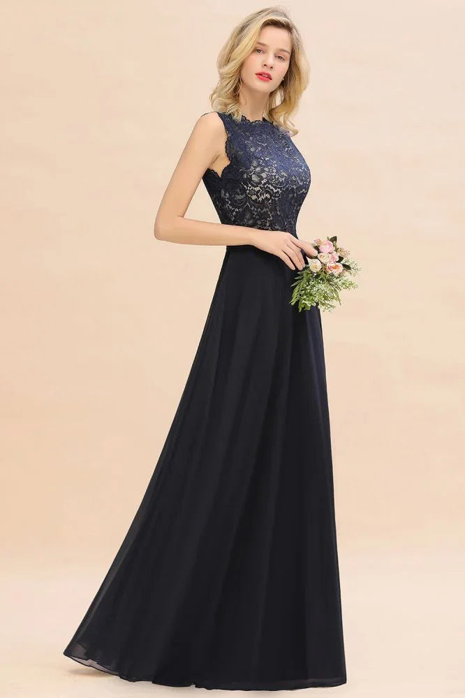 Sleeveless A-line Evening Maxi Gown Lace Appliques Floor Length Bridesmaid Dress Formal Party Gown