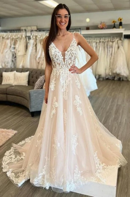 Robe de mariée sans manches, coupe évasée, longueur au sol, bretelles fines