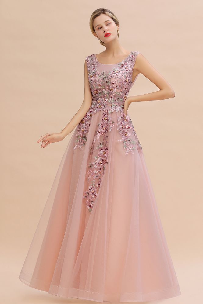 Vestido longo de noite rosa empoeirado sem mangas, corte evasê, com tule e apliques de renda, vestido de festa