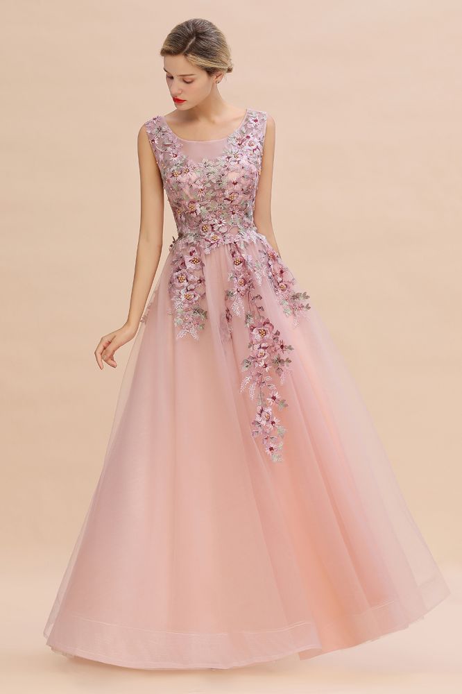 Vestido longo de noite rosa empoeirado sem mangas, corte evasê, com tule e apliques de renda, vestido de festa