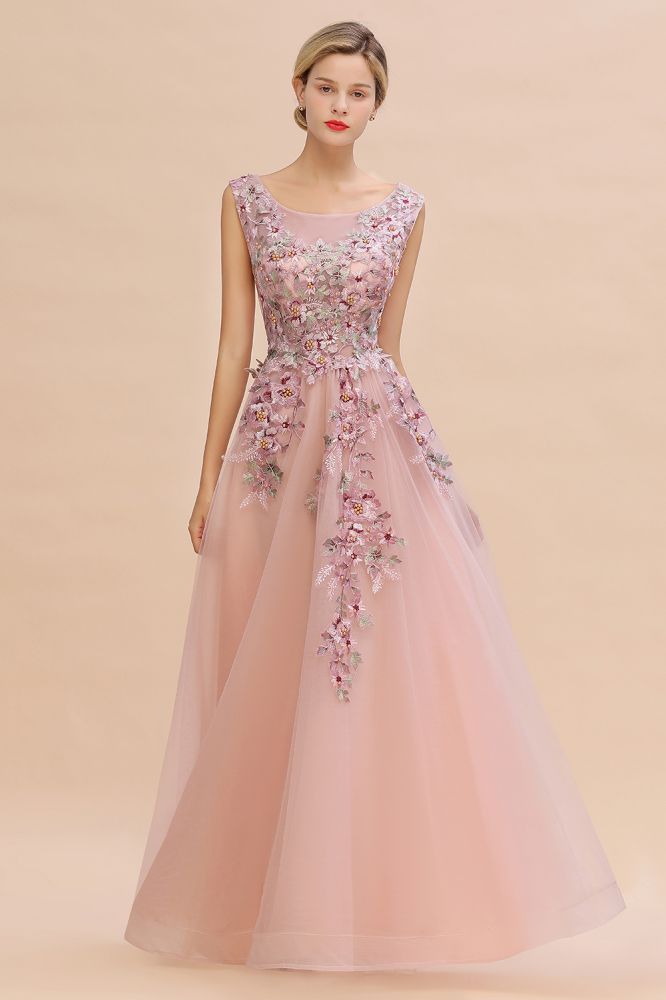 Ärmelloses Aline-Abendkleid in Altrosa mit langen Tüll-Spitzenapplikationen