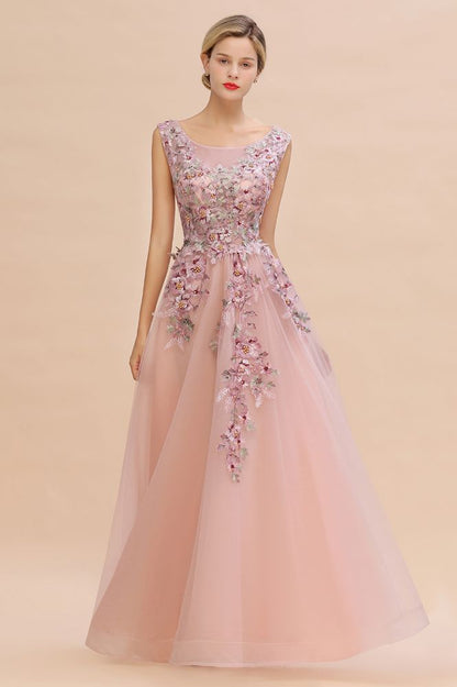 Sleeveless Aline Dusty Pink Long Evening Dress Tulle Lace Appliques Party Dress