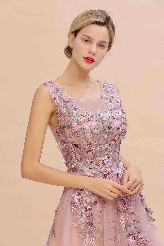 Ärmelloses Aline-Abendkleid in Altrosa mit langen Tüll-Spitzenapplikationen