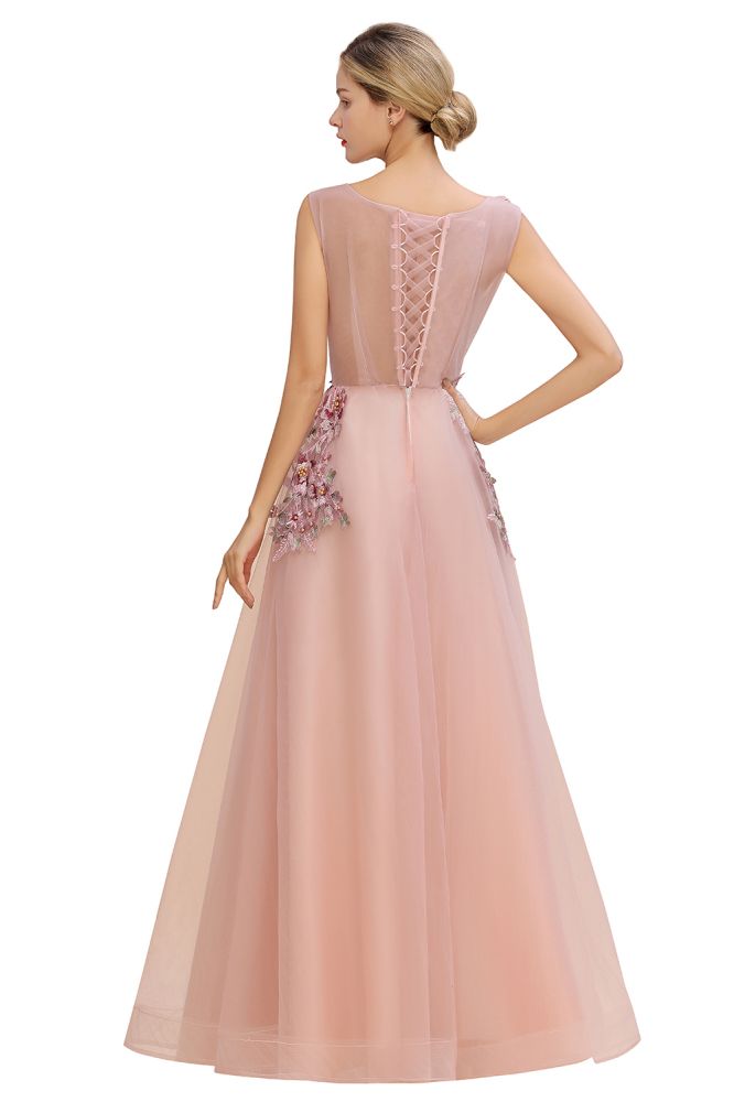 Ärmelloses Aline-Abendkleid in Altrosa mit langen Tüll-Spitzenapplikationen