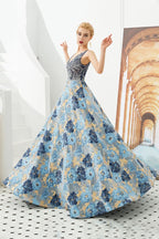 Vestido de noite sem mangas em linha A, decote em V, com flor, comprimento até ao chão, para baile de finalistas