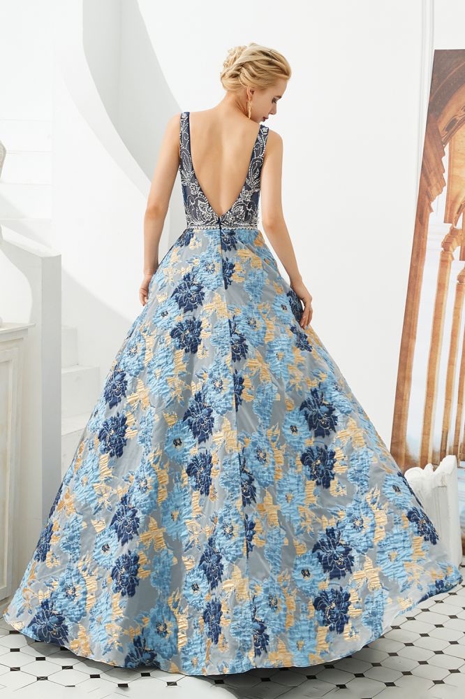 Sleeveless Aline Evening Dress V-Neck Flower Floor Length Prom Dress