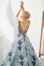 Vestido de noite sem mangas em linha A, decote em V, com flor, comprimento até ao chão, para baile de finalistas