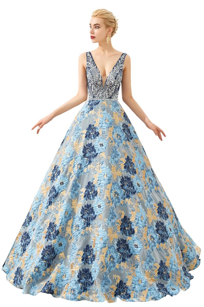 Sleeveless Aline Evening Dress V-Neck Flower Floor Length Prom Dress