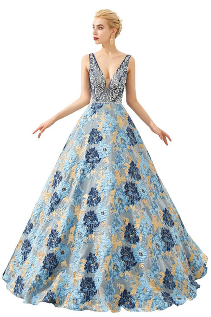 Sleeveless Aline Evening Dress V-Neck Flower Floor Length Prom Dress