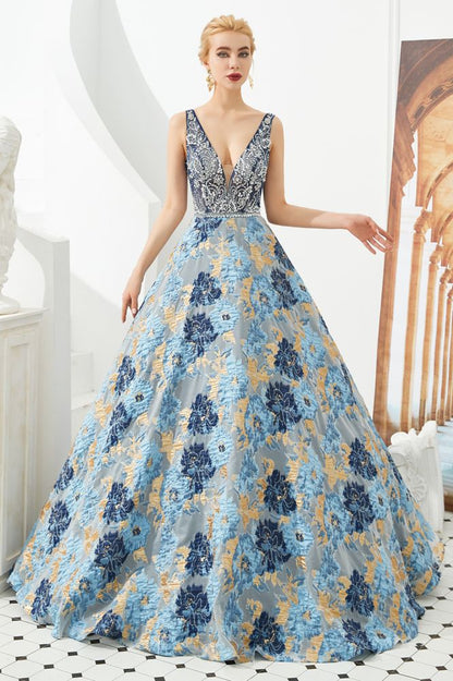 Sleeveless Aline Evening Dress V-Neck Flower Floor Length Prom Dress