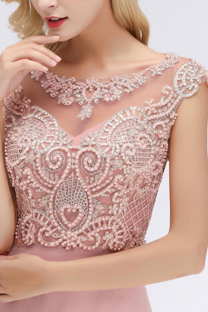 Vestido largo de noche sin mangas con cuello redondo y cuentas, largo hasta el suelo