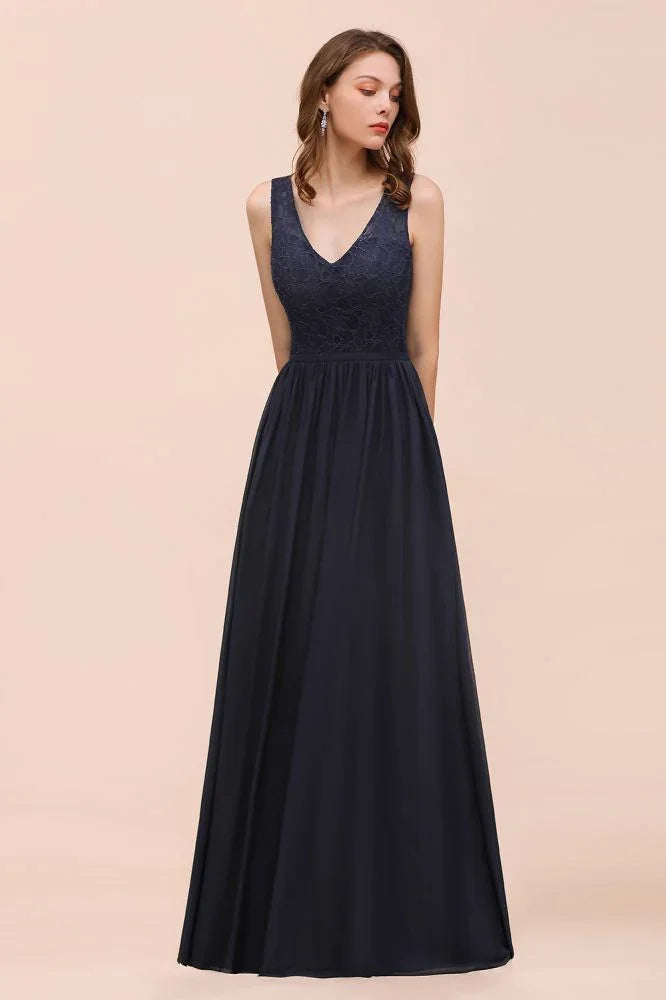 Abito lungo da sera nero senza maniche a linea ad A in chiffon, abito da damigella d'onore, abito formale