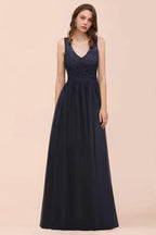 Abito lungo da sera nero senza maniche a linea ad A in chiffon, abito da damigella d'onore, abito formale