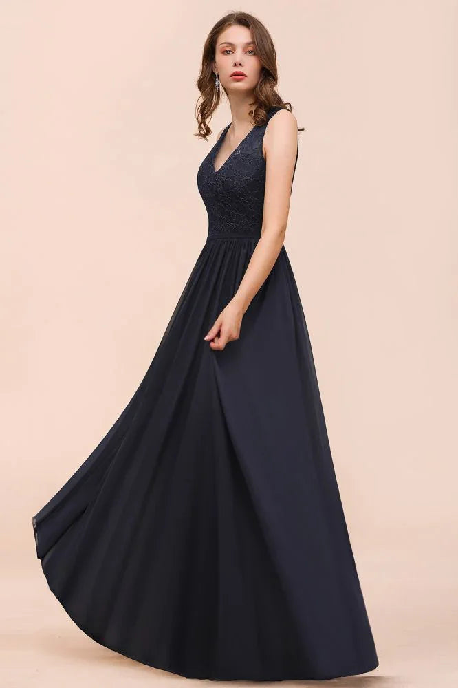 Abito lungo da sera nero senza maniche a linea ad A in chiffon, abito da damigella d'onore, abito formale