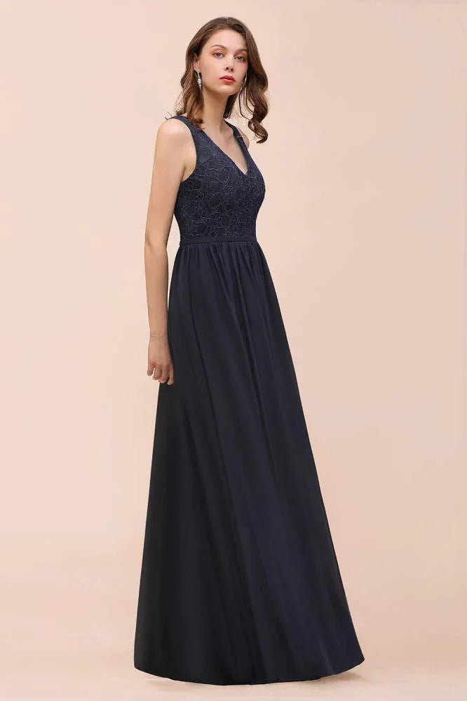 Abito lungo da sera nero senza maniche a linea ad A in chiffon, abito da damigella d'onore, abito formale