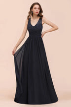 Abito lungo da sera nero senza maniche a linea ad A in chiffon, abito da damigella d'onore, abito formale