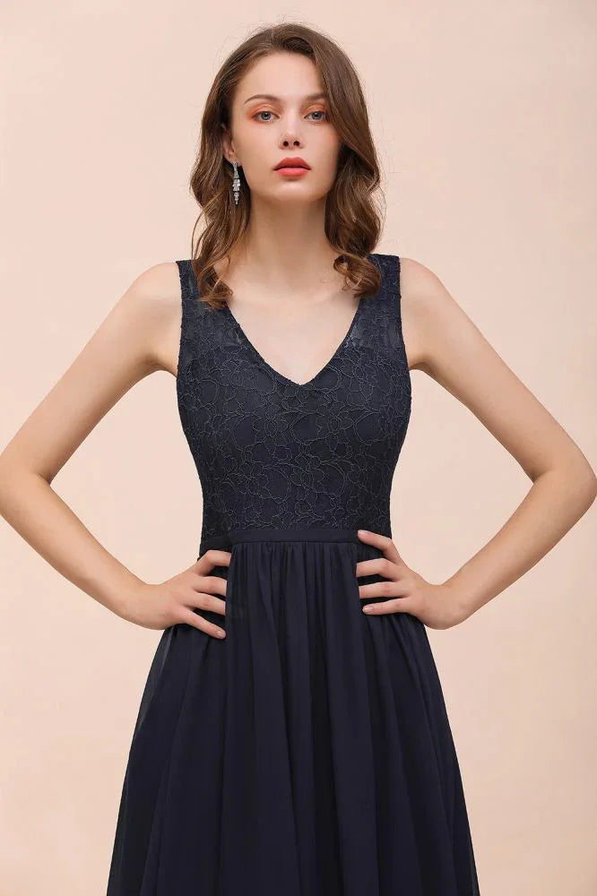 Abito lungo da sera nero senza maniche a linea ad A in chiffon, abito da damigella d'onore, abito formale