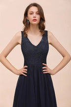 Abito lungo da sera nero senza maniche a linea ad A in chiffon, abito da damigella d'onore, abito formale