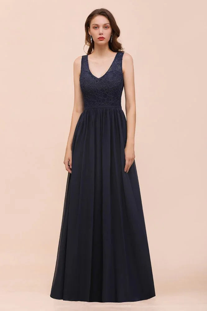 Abito lungo da sera nero senza maniche a linea ad A in chiffon, abito da damigella d'onore, abito formale