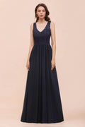 Abito lungo da sera nero senza maniche a linea ad A in chiffon, abito da damigella d'onore, abito formale