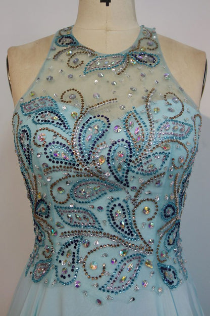 Sleeveless Chiffon A-line Crew Long Crystal Beading Prom Dresses