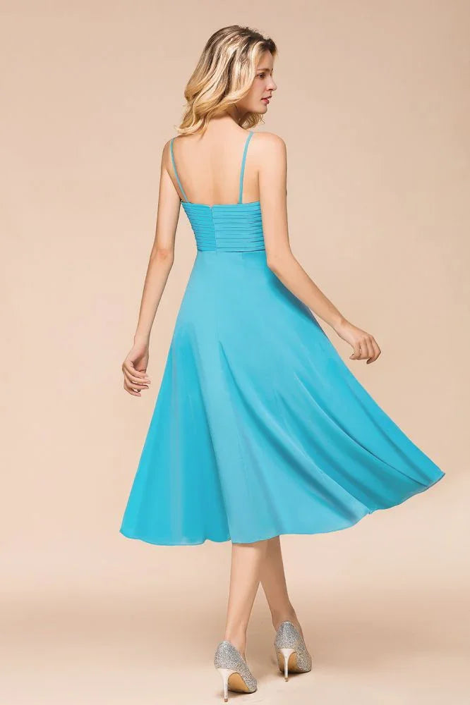 Vestido de Dama de Honra sem Mangas em Chiffon, Comprimento até ao Tornozelo, Vestido Curto para Convidada de Casamento na Praia