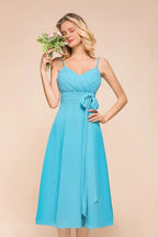 Vestido de Dama de Honra sem Mangas em Chiffon, Comprimento até ao Tornozelo, Vestido Curto para Convidada de Casamento na Praia