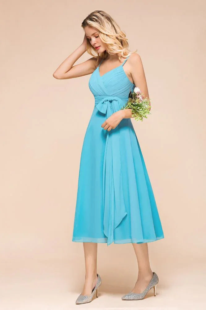 Vestido de Dama de Honra sem Mangas em Chiffon, Comprimento até ao Tornozelo, Vestido Curto para Convidada de Casamento na Praia
