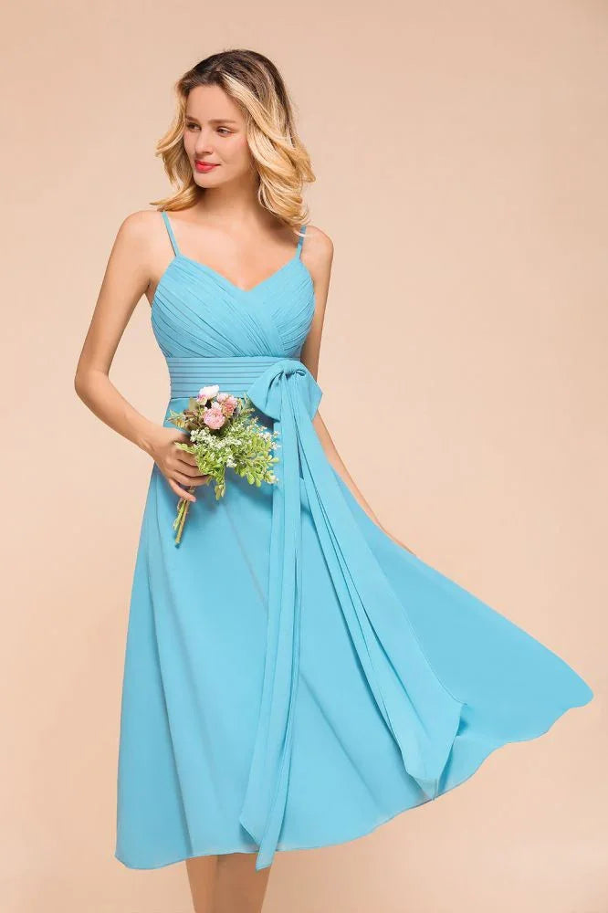 Vestido de Dama de Honra sem Mangas em Chiffon, Comprimento até ao Tornozelo, Vestido Curto para Convidada de Casamento na Praia