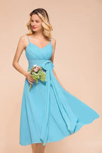 Vestido de Dama de Honra sem Mangas em Chiffon, Comprimento até ao Tornozelo, Vestido Curto para Convidada de Casamento na Praia