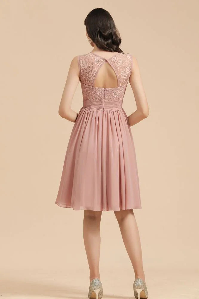Abito da festa senza maniche con scollo rotondo in chiffon di pizzo, abito corto per damigella d'onore