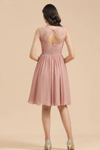 Abito da festa senza maniche con scollo rotondo in chiffon di pizzo, abito corto per damigella d'onore