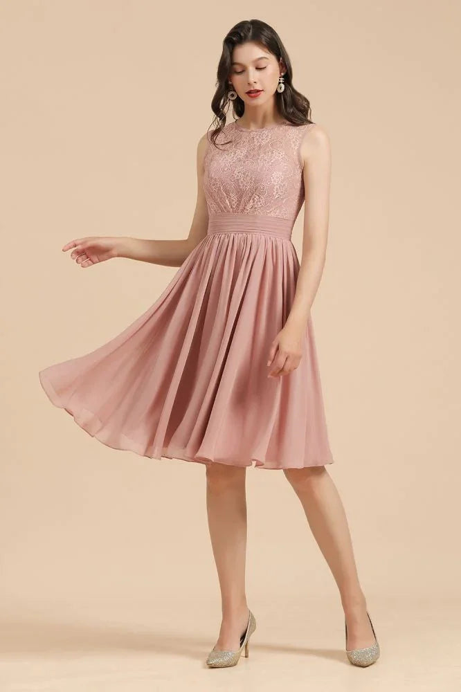 Abito da festa senza maniche con scollo rotondo in chiffon di pizzo, abito corto per damigella d'onore