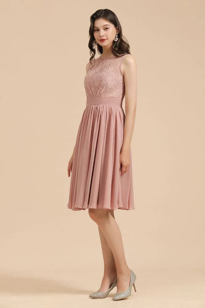 Abito da festa senza maniche con scollo rotondo in chiffon di pizzo, abito corto per damigella d'onore
