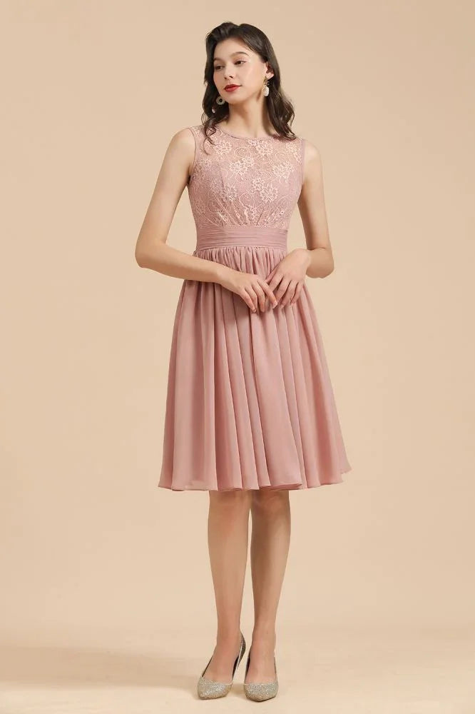 Abito da festa senza maniche con scollo rotondo in chiffon di pizzo, abito corto per damigella d'onore