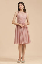 Abito da festa senza maniche con scollo rotondo in chiffon di pizzo, abito corto per damigella d'onore