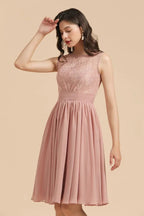Abito da festa senza maniche con scollo rotondo in chiffon di pizzo, abito corto per damigella d'onore