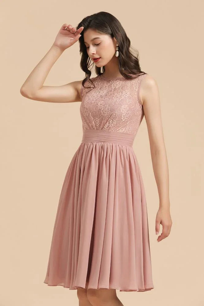Abito da festa senza maniche con scollo rotondo in chiffon di pizzo, abito corto per damigella d'onore
