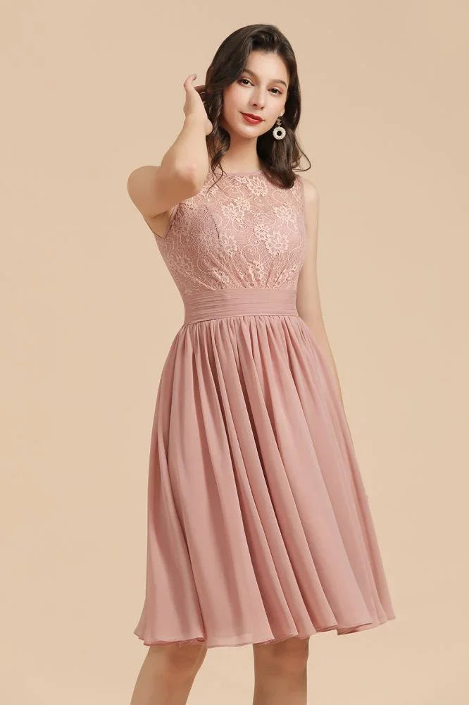 Abito da festa senza maniche con scollo rotondo in chiffon di pizzo, abito corto per damigella d'onore