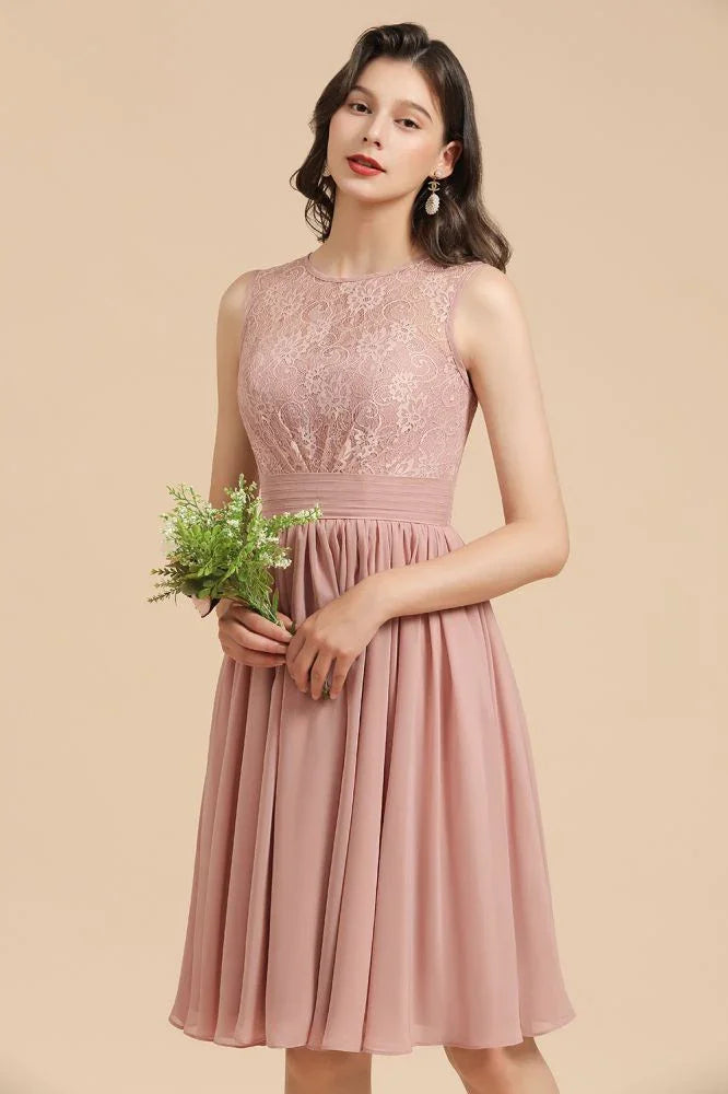 Abito da festa senza maniche con scollo rotondo in chiffon di pizzo, abito corto per damigella d'onore